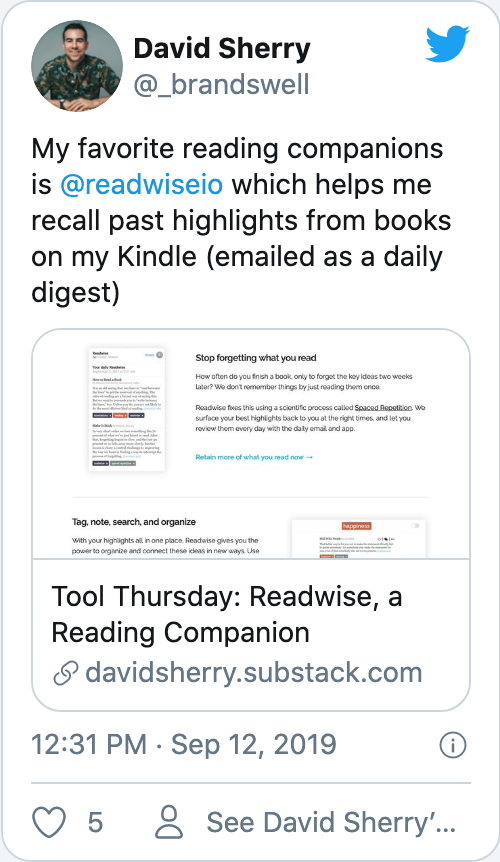 My favorite reading companions is @readwiseio which helps me recall past highlights from books on my Kindle (emailed as a daily digest)